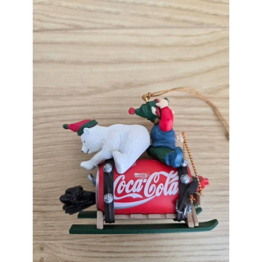 Coca-Cola Bottling Works Collection Polar Bear Elf Soda Can Sled Ornament Boxed